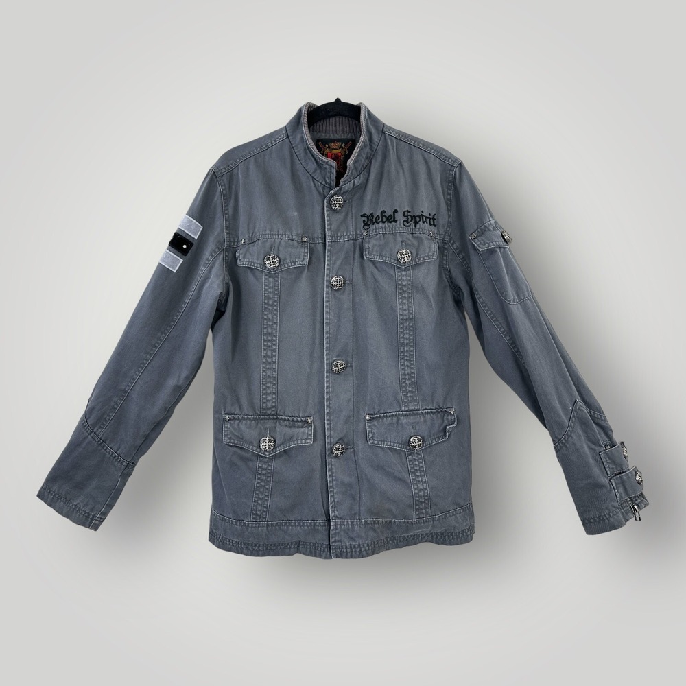 Rebel Spirit Jacket Mens Small Military Style Gray Patch Cross Stud‎ Metal Rock